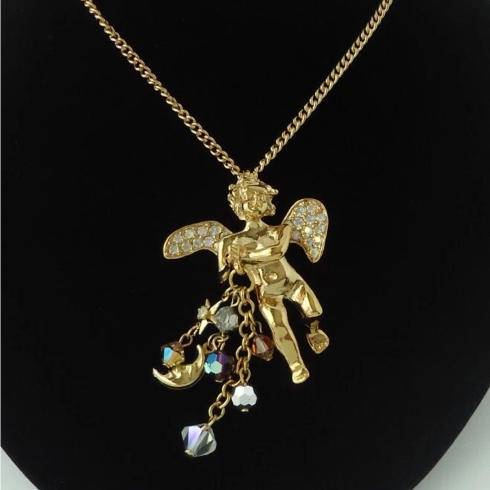 KIRKS FOLLY Cherub AB Rhinestones Wings Pendant Moon & Star Dangles 32" Necklace